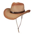 Sombrero de vaquero de paja degradada marrón con insignia de toro y correa ajustable - Estilo De Banda Decorativa De Cabeza De Toro / Degradado Caqui Y Café Rojo