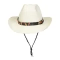 Cremefarbener Western-Strohhut mit Leopardenband und verstellbarem Kinnriemen - Leoparden-Gürtel-Stil (389) / Milchweiß