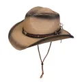 Sombrero vaquero de paja marrón con adorno de cabeza de toro y borde degradado negro - Estilo De Banda Decorativa De Cabeza De Toro / Degradado Caqui Y Negro