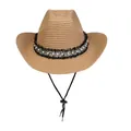 Damen Stroh-Cowboyhut in Khaki mit Perlenband und verstellbarem Kinnriemen - Perlen-Tweed-Band-Stil (390) / Hellkaffee