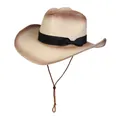 Sombrero de paja estilo cowboy con degradado beige-café, cinta negra y cordón ajustable - Estilo De Banda Decorativa Con Lazo / Degradado Beige Y Caqui