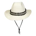 Cremeweißer Strohhut im Cowboy-Stil mit Perlen-Quastenband und verstellbarem Band - Perlen-Tweed-Band-Stil (390) / Milchweiß