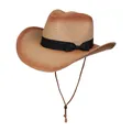 Sombrero de paja vaquero vintage degradado marrón con cinta negra de lazo - Estilo De Banda Decorativa Con Lazo / Degradado Caqui Y Café Rojo