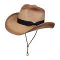 Sombrero de vaquero de paja degradada en marrón con cinta negra y cordón ajustable - Estilo De Banda Decorativa Con Lazo / Degradado Caqui