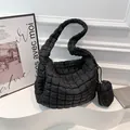 Minimalist black quilted cloud tote bag with matching small round coin purse accessory - Black