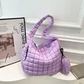 Chic purple quilted cloud shoulder bag with matching mini round coin purse and wide strap - Purple