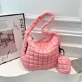 Pink quilted cloud tote bag with matching mini coin purse and puffy textured finish - Pink