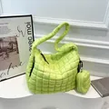 Neon green quilted puff cloud tote bag with matching small coin purse charm - Green