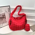 Bright red quilted cloud tote bag with matching mini square zipper coin purse - Red