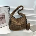 Quilted puffer tote bag in dark coffee brown with matching mini coin purse set - Brown