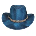 Dunkelblauer Cowboyhut im Bohemian-Stil mit Ethno-Perlenband und Metallkettenakzenten - Pfirsich-Herz-Top-Stil (336) / Hellblau