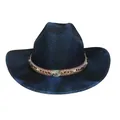 Dunkelblauer Bohemian Cowboyhut mit Metallperlen und Abalone-Muschel-Dekoration - Flach-Top-Stil (337) / Dunkelblau