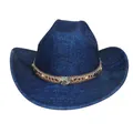 Dunkelblauer Western-Cowboyhut mit böhmischen Türkisperlen und gewebtem Ethno-Band - Flach-Top-Stil (337) / Mittelblau