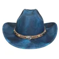 Western-Cowboyhut in Dunkelblau mit Marmortextur und Ethno-Perlen-Steinverzierung - Flach-Top-Stil (337) / Hellblau