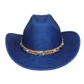 Dunkelblauer Glitzer-Cowboyhut mit ethnischem Perlenband und Türkis-Schmuckstein - Flach-Top-Stil (337) / Blau