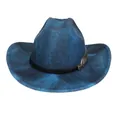 Blauer Boho-Western-Cowboyhut mit breiter Krempe und detailreichem Metallfeder-Dekor - Flach-Top-Stil (339) / Hellblau