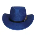 Königsblauer Cowboyhut aus Polyester mit schwarzem Band und goldener Metallfeder-Deko - Flach-Top-Stil (339) / Blau