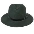 Détail d'un chapeau Fedora en paille vert foncé avec ruban en cuir noir et boucle argent - 56-58cm / Bande de Cuir Noir Avec Boucle Argent / Vert Foncé
