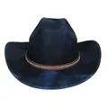 Dunkelblauer Western Cowboyhut mit braunem Lederband mit Nieten und Boho-Strasssteinen - Flach-Top-Stil (341) / Dunkelblau