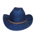 Blauer Boho Western Cowboyhut mit besetztem braunem Lederband auf weißem Grund - Flach-Top-Stil (341) / Mittelblau