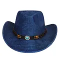 Jeansblauer Cowboyhut mit Lederband, Holzperlen und ethnischer Türkis-Metallschnalle - Pfirsich-Herz-Top-Stil (342) / Mittelblau