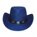 Böhmischer königsblauer Westernhut mit braunem Lederband und Türkisperle - Pfirsich-Herz-Top-Stil (342) / Blau