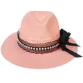 Pink woven straw fedora featuring black lace trim, pearls and a silk bow detail - Pearl Bowknot Style / Pink
