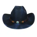 Dunkelblauer Bohemian Western Cowboyhut mit Türkisperlen und gewebtem Lederband - Flach-Top-Stil (343) / Dunkelblau