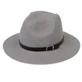 Vue détaillée du chapeau Panama gris avec ceinture en cuir noir et boucle argentée - 56-58cm / Bande de Cuir Noir Avec Boucle Argent / 347-J Gris