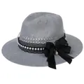 Elegant grey woven straw hat with black lace, pearl band and large silk bow detail - Pearl Bowknot Style / Gray