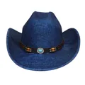 Böhmischer dunkelblauer Western Cowboyhut mit Holzperlen und Türkis-Metallschnalle - Flach-Top-Stil (343) / Mittelblau