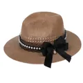 Brown woven straw fedora featuring black lace trim, pearls, and a large satin bow - Pearl Bowknot Style / Khaki