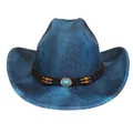 Blauer Cowboyhut im Vintage-Look mit Lederband und türkisfarbener Metallschnalle Dekor - Flach-Top-Stil (343) / Hellblau