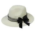 Cream woven straw hat with black lace ribbon and elegant pearl bow decoration - Pearl Bowknot Style / Off White