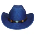 Königsblauer Westernhut aus Polyester mit Türkis-Edelstein und Ethno-Perlenband verzierung - Flach-Top-Stil (343) / Blau