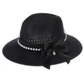 Black woven straw hat featuring elegant large satin bow and white pearl band detail - Pearl Bowknot Style / Black