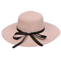 Damen faltbarer Sonnenhut aus Stroh in Zartrosa mit einer schwarzen Ripsband Schleife - Bandschleife / Rosa (283A)