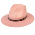 Women's orange-pink woven straw sun hat with decorative black studded belt strap - Rivet Ring Style / Pink