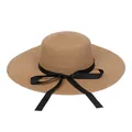 Damen Strohhut mit breiter Krempe in Hellbraun und schwarzer Schleife aus Seide - Bandschleife / Khaki (283B)