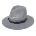 Breathable gray woven fedora hat with black studded band and gold metal ring - Rivet Ring Style / Gray