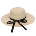 Klassischer beiger Strohhut mit breiter Krempe und schwarzem Ripsband mit Schleife - Bandschleife / Beige (283C)