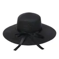 Klassischer schwarzer Strohhut mit breiter Krempe, Satinband und eleganter Schleife - Bandschleife / Schwarz (283D)