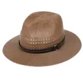 Brown woven straw fedora hat with black studded leather band and gold metal ring accent - Rivet Ring Style / Khaki