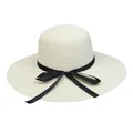 Elegant cream wide brim straw sun hat with black grosgrain ribbon bow for beach - 56-58cm / Satin Ribbon Bow (283E) / Cream