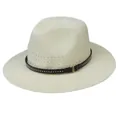 Breathable cream hollow woven fedora hat with brown leather band and metallic studs - Rivet Ring Style / Off White