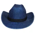 Boho Western Cowboyhut in Indigoblau mit einem stylischen schwarzen Lederband - Flach-Top-Stil (345) / Mittelblau