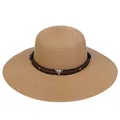 Light brown wide-brim straw hat featuring a leather band with silver bull skull pendant - 56-58cm / Bull Skull Rivet Belt (286B) / Khaki