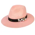 Peach pink fedora straw hat with decorative black ribbon featuring white flowers and pearls - Pearl Flower / Pink