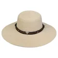 Beige wide brim straw sun hat with western steer skull leather band detail - 56-58cm / Bull Skull Rivet Belt (286C) / Beige
