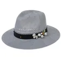Elegant grey woven Panama hat with black ribbon, white pearls and floral decoration - Pearl Flower / Gray